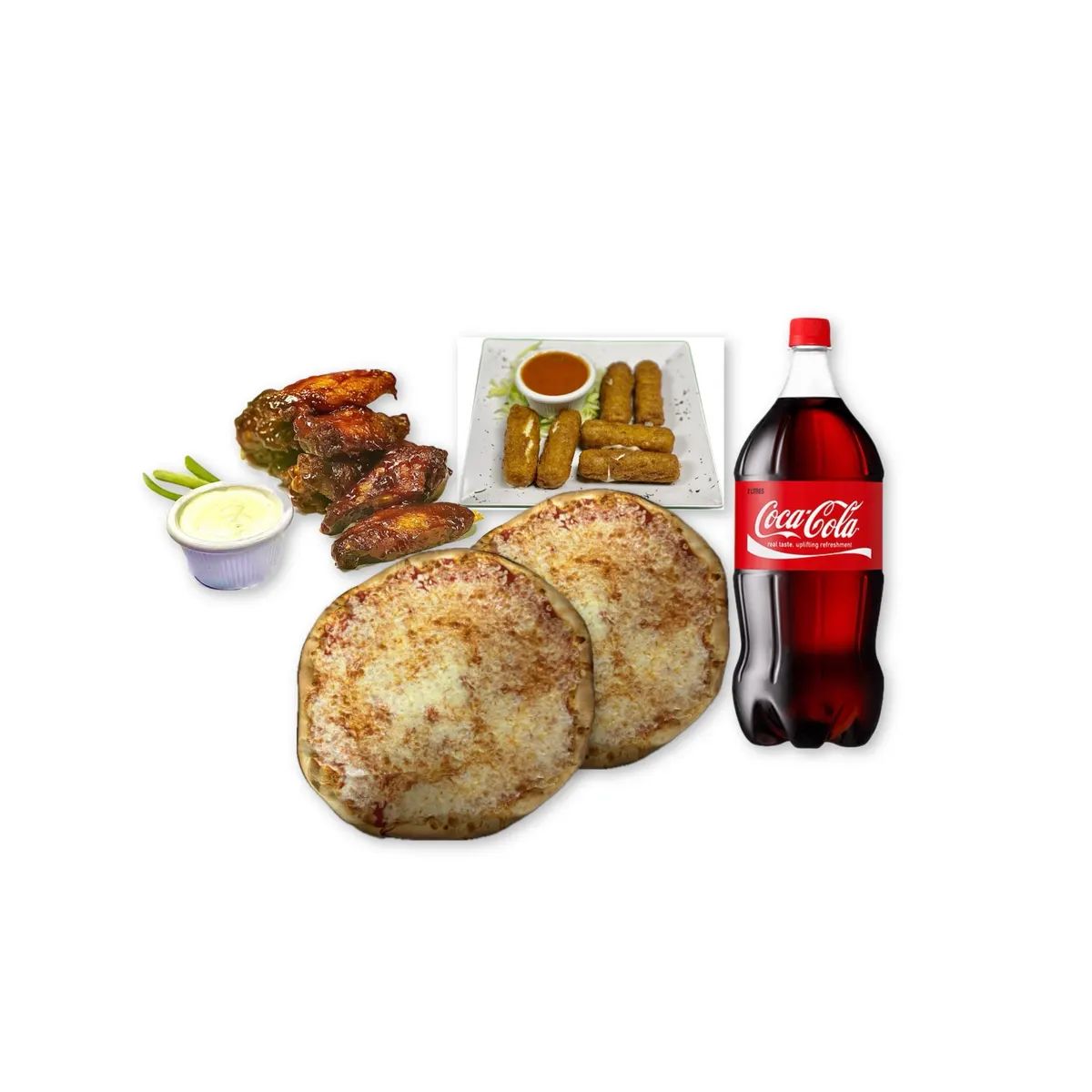 Family Deal 2 Two Large Plain Pizzas 12 Wings 6 Mozzarella Sticks & 2 Liter Of Soda