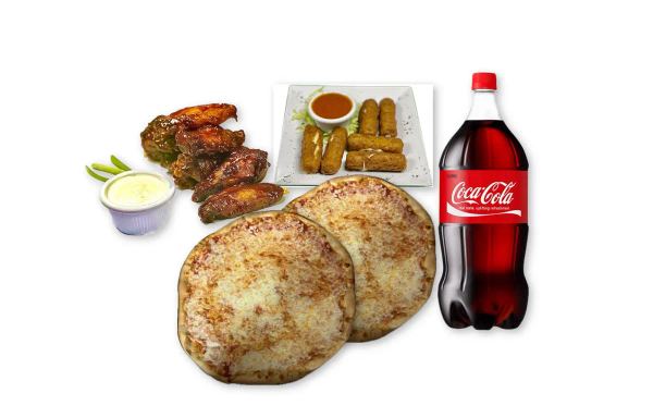 Family Deal 2 Two Large Plain Pizzas 12 Wings 6 Mozzarella Sticks & 2 Liter Of Soda
