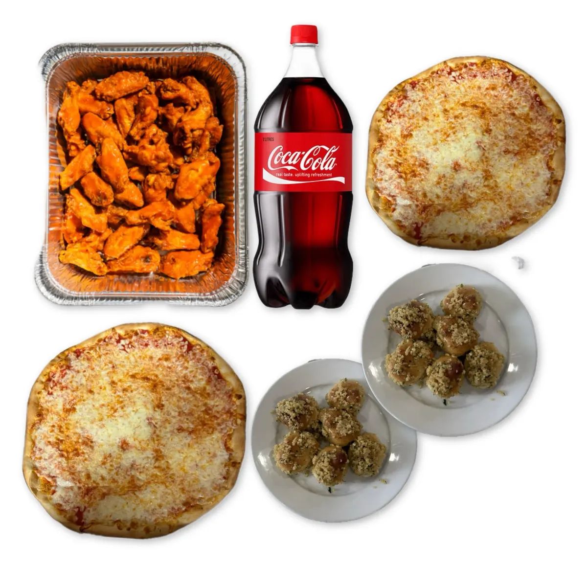 Football Combo 4 Two Large Cheese Pizzas 12 Garlic Knots Half Tray Of Wings 2 Liter Soda