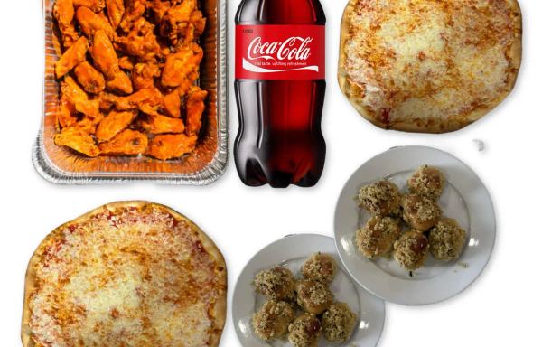 Football Combo 4 Two Large Cheese Pizzas 12 Garlic Knots Half Tray Of Wings 2 Liter Soda