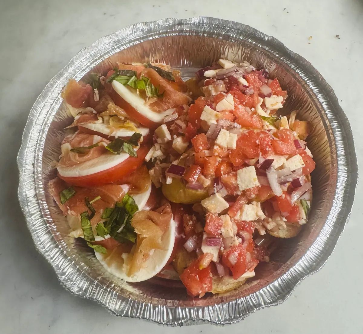 Bruschetta With Prosciutto Sliced Tomato Fresh Mozzarella Balsamic Glaze Fresh Basil & Olive Oil