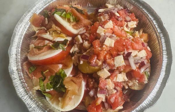 Bruschetta With Prosciutto Sliced Tomato Fresh Mozzarella Balsamic Glaze Fresh Basil & Olive Oil
