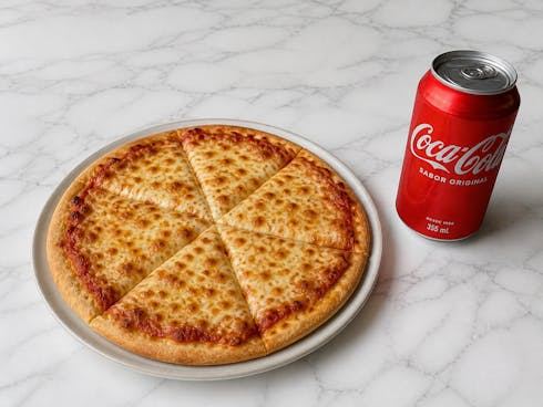 One personal 10” cheese pizza & One Can Of Soda