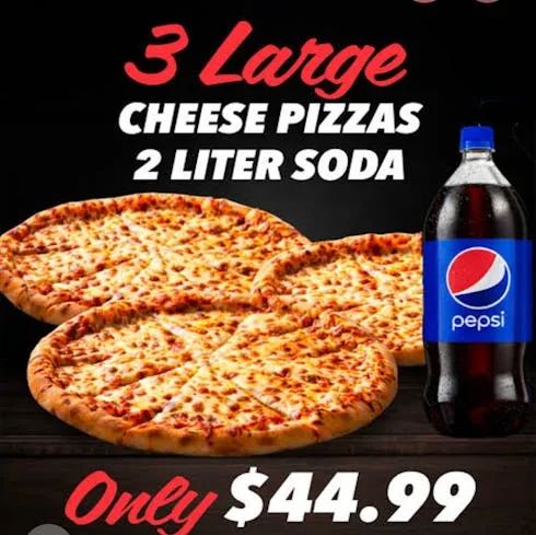 Three Large 16” cheese pizza & One 2-Liter of Soda.