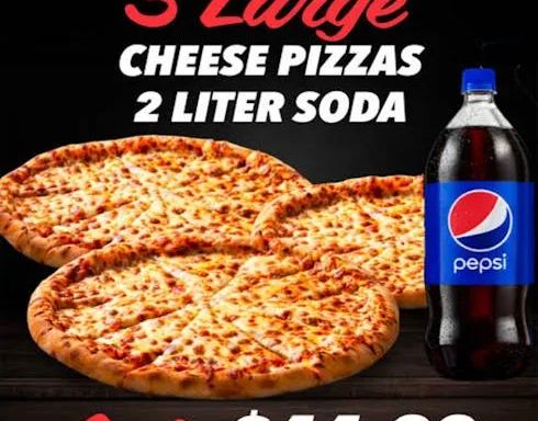 Three Large 16” cheese pizza & One 2-Liter of Soda.